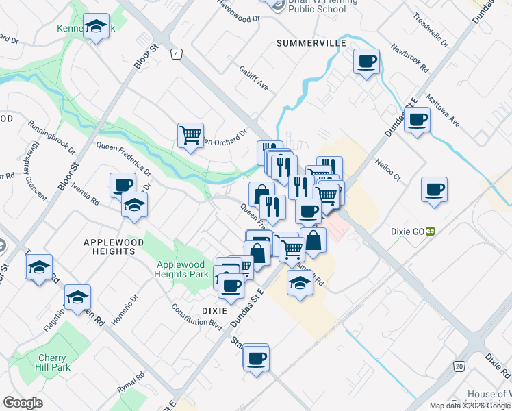 map of restaurants, bars, coffee shops, grocery stores, and more near 3085 Queen Frederica Drive in Mississauga