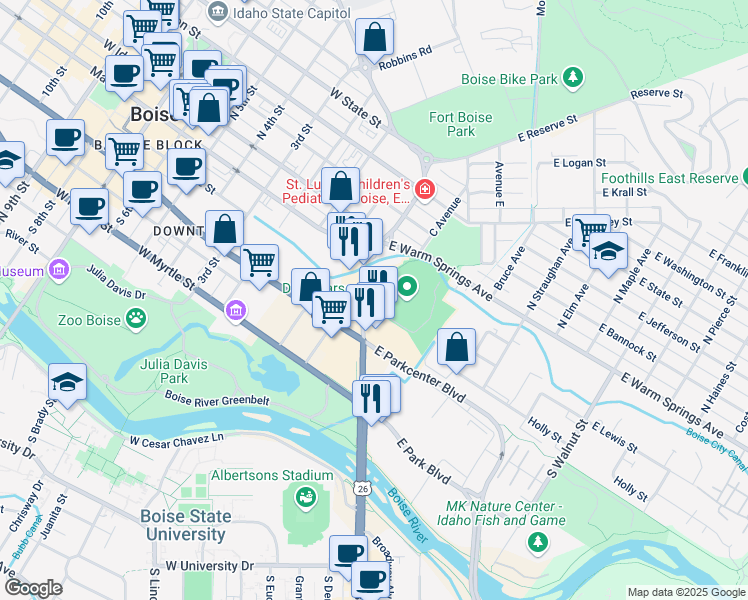 map of restaurants, bars, coffee shops, grocery stores, and more near 214 Broadway Avenue in Boise