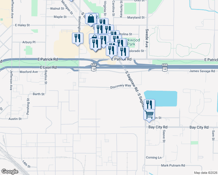 map of restaurants, bars, coffee shops, grocery stores, and more near Discovery Way in Midland