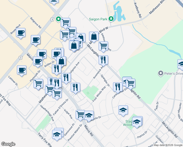 map of restaurants, bars, coffee shops, grocery stores, and more near 5612 Shillington Drive in Mississauga