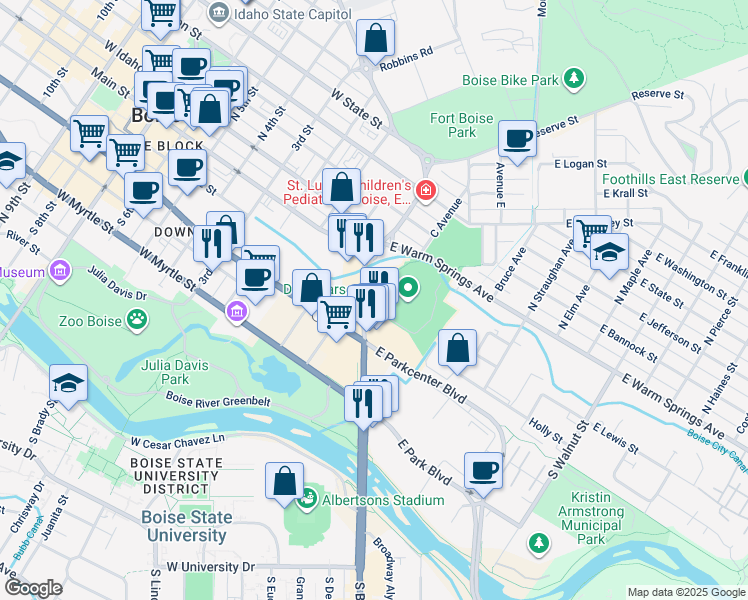 map of restaurants, bars, coffee shops, grocery stores, and more near 214 Broadway Avenue in Boise