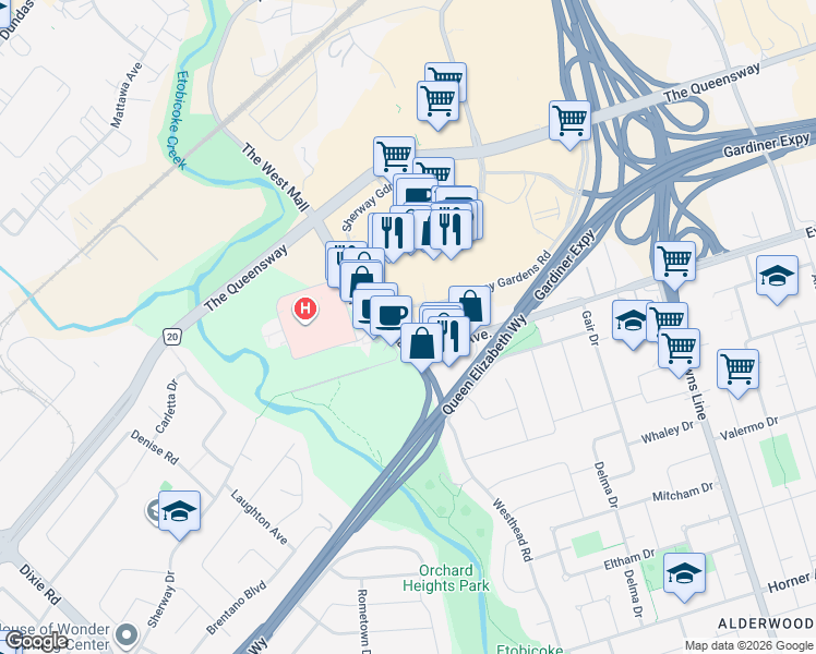 map of restaurants, bars, coffee shops, grocery stores, and more near 235 Sherway Gardens Road in Toronto