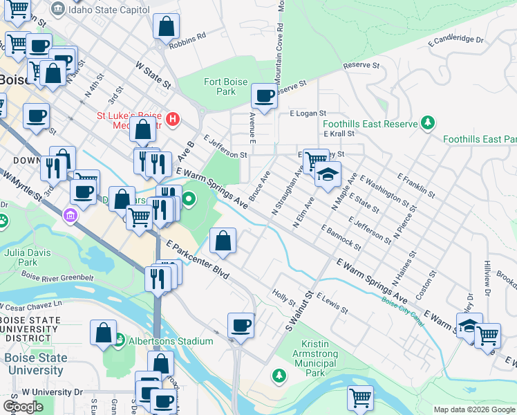 map of restaurants, bars, coffee shops, grocery stores, and more near 724 East Warm Springs Avenue in Boise