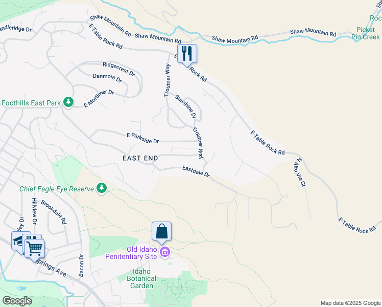 map of restaurants, bars, coffee shops, grocery stores, and more near 2498 East Roanoke Drive in Boise