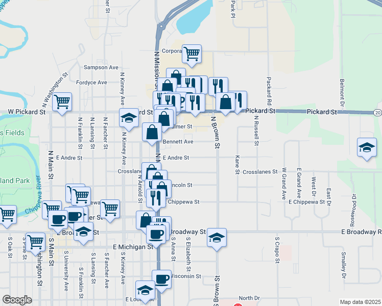 map of restaurants, bars, coffee shops, grocery stores, and more near 1003 East Andre Street in Mount Pleasant
