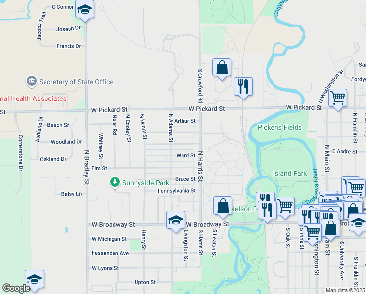 map of restaurants, bars, coffee shops, grocery stores, and more near 1009-1101 Harold Street in Mount Pleasant