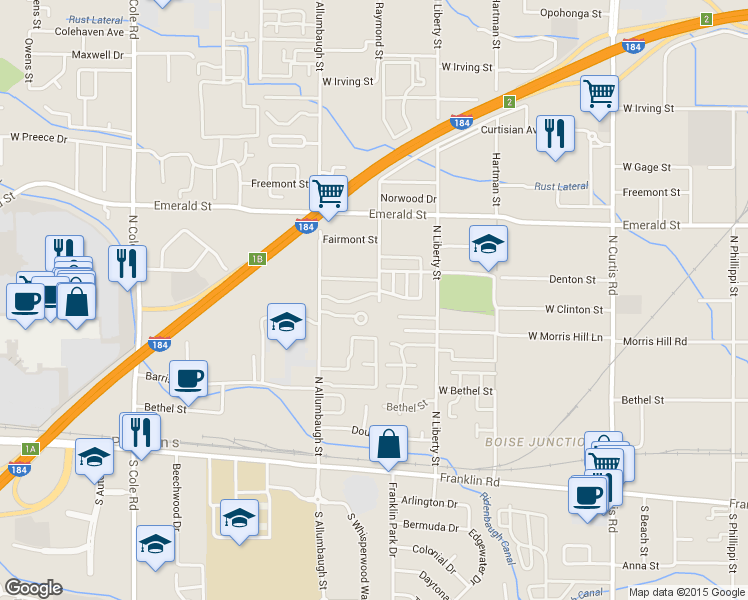map of restaurants, bars, coffee shops, grocery stores, and more near 510 North Raymond Street in Boise