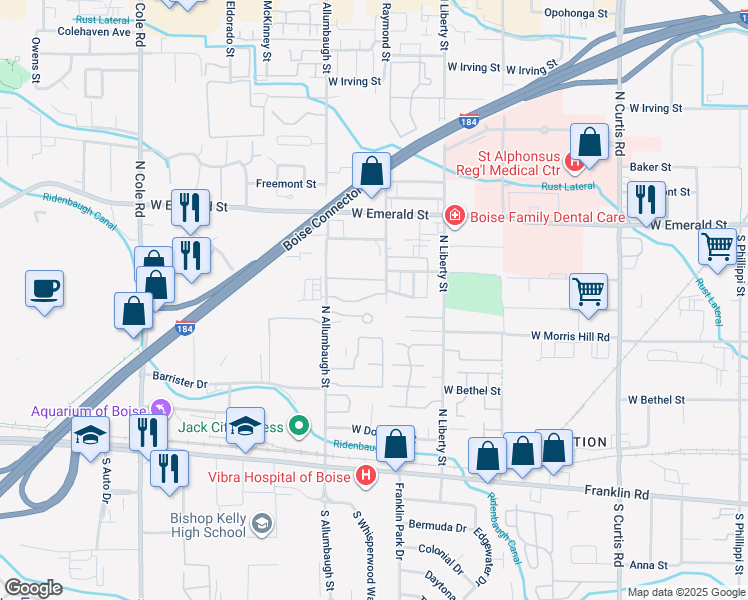 map of restaurants, bars, coffee shops, grocery stores, and more near 510 North Raymond Street in Boise