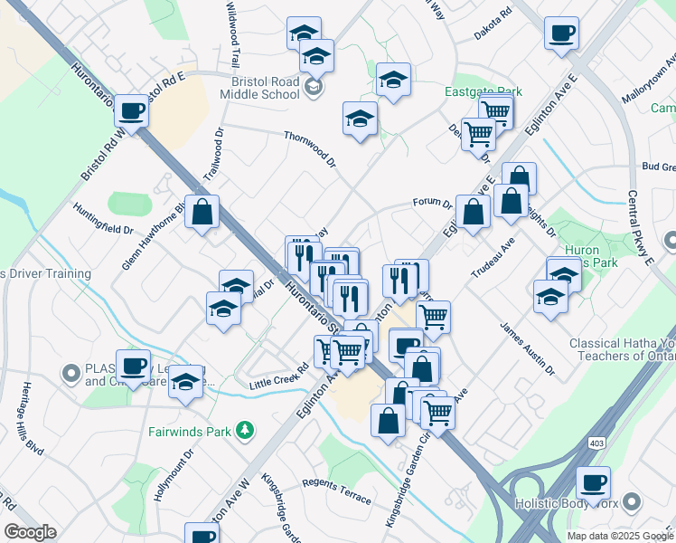 map of restaurants, bars, coffee shops, grocery stores, and more near in Mississauga