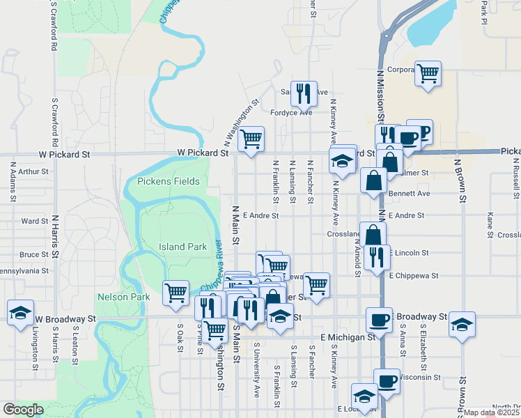 map of restaurants, bars, coffee shops, grocery stores, and more near 615 North University Avenue in Mount Pleasant