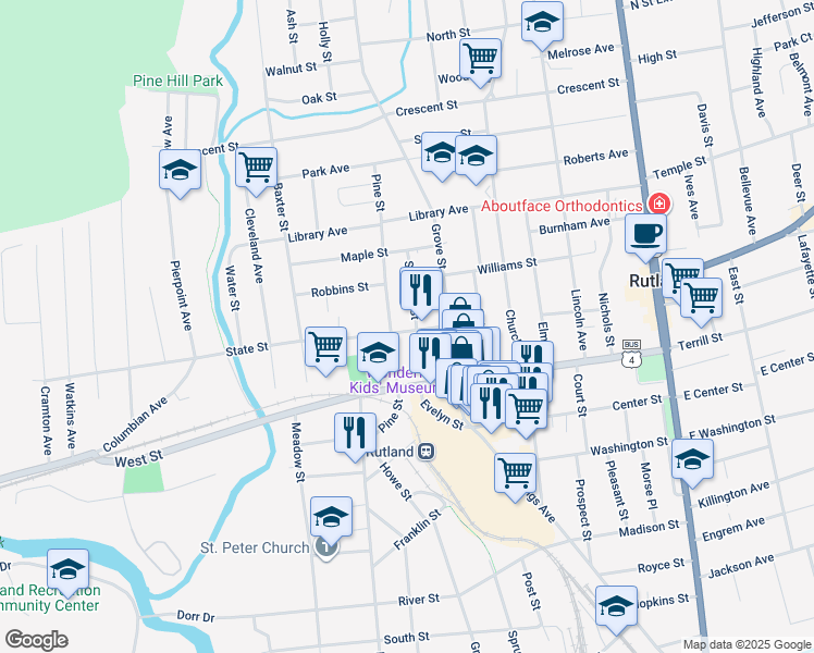 map of restaurants, bars, coffee shops, grocery stores, and more near 97 State Street in Rutland