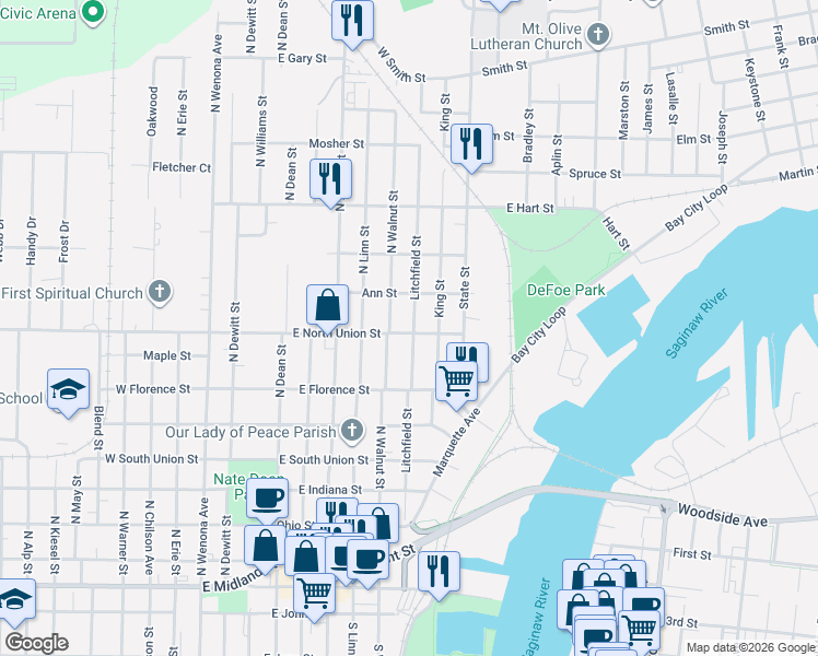 map of restaurants, bars, coffee shops, grocery stores, and more near 802 Litchfield Street in Bay City