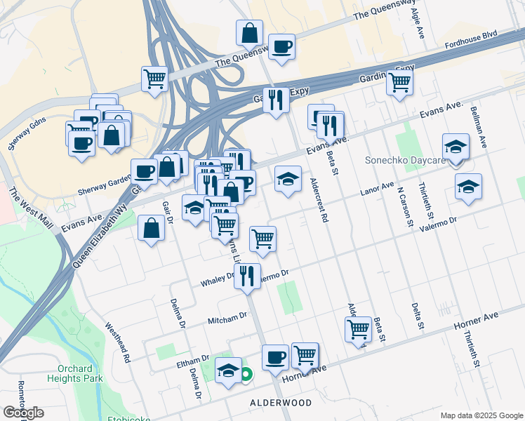 map of restaurants, bars, coffee shops, grocery stores, and more near 270 Sheldon Avenue in Toronto