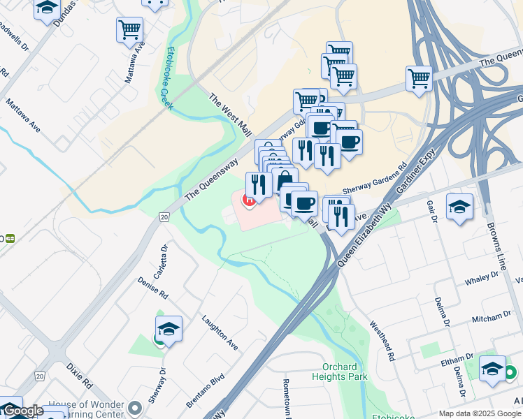 map of restaurants, bars, coffee shops, grocery stores, and more near 150 Sherway Drive in Toronto