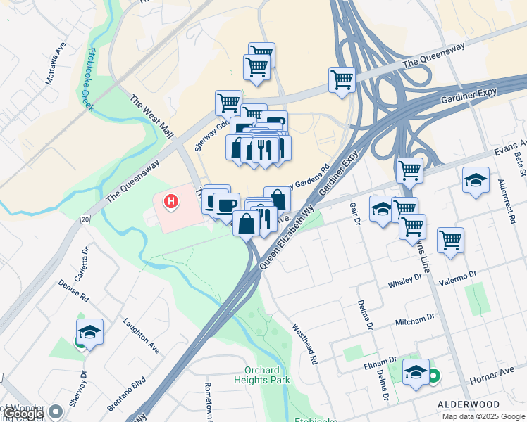 map of restaurants, bars, coffee shops, grocery stores, and more near 215 Sherway Gardens Road in Toronto