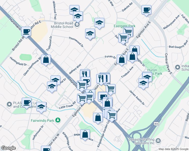map of restaurants, bars, coffee shops, grocery stores, and more near 91 Eglinton Avenue East in Mississauga