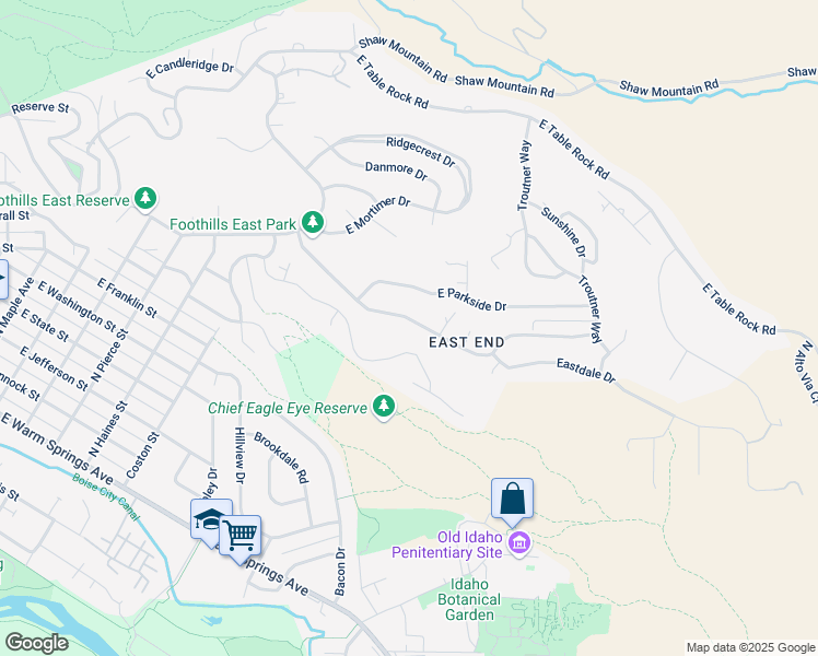 map of restaurants, bars, coffee shops, grocery stores, and more near 2113 East Roanoke Drive in Boise