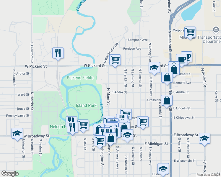 map of restaurants, bars, coffee shops, grocery stores, and more near 614 North Main Street in Mount Pleasant