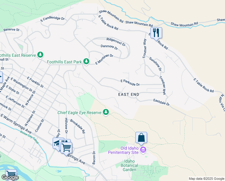map of restaurants, bars, coffee shops, grocery stores, and more near 2113 East Roanoke Drive in Boise
