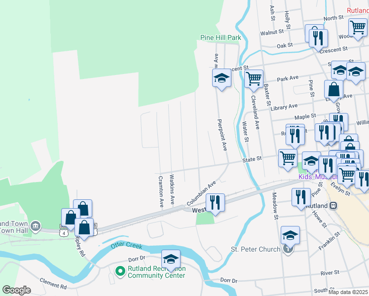 map of restaurants, bars, coffee shops, grocery stores, and more near 46 Hazel Street in Rutland