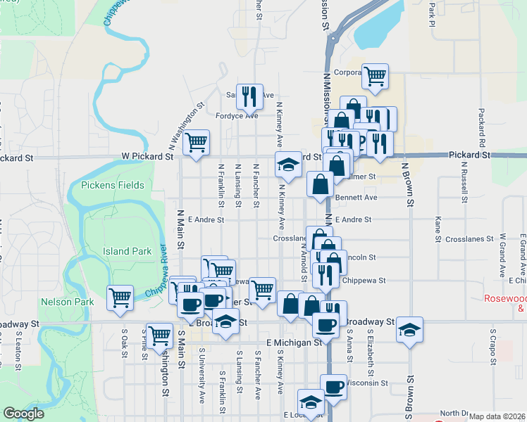 map of restaurants, bars, coffee shops, grocery stores, and more near 601-699 N Kinney Ave in Mt Pleasant