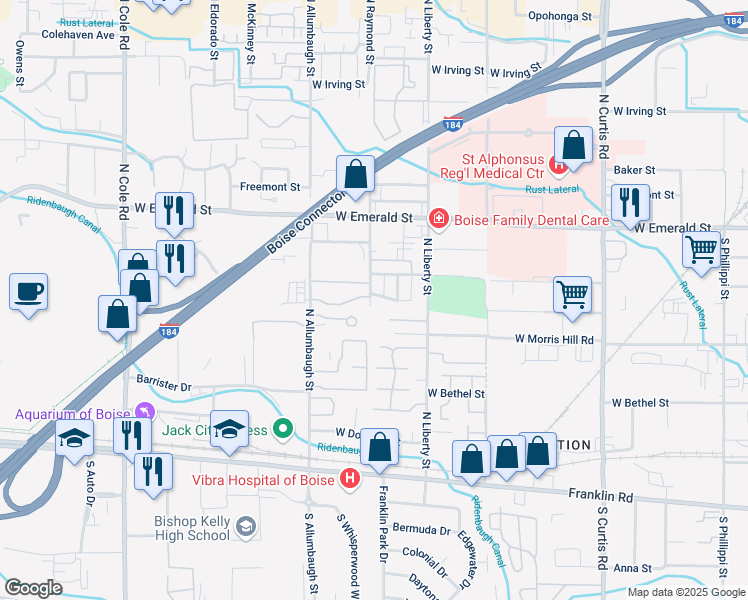 map of restaurants, bars, coffee shops, grocery stores, and more near 510 North Raymond Street in Boise