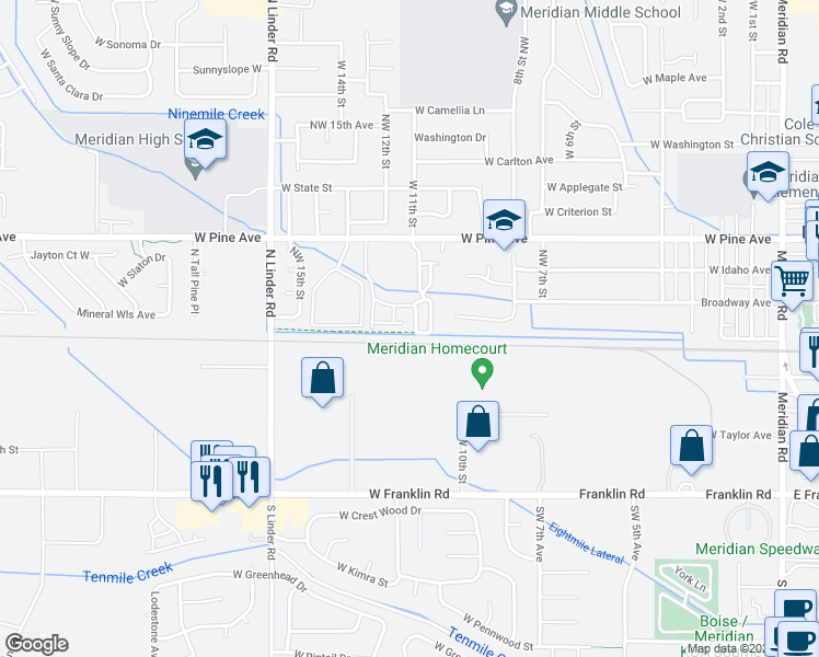 map of restaurants, bars, coffee shops, grocery stores, and more near 1045 West Pine Avenue in Meridian