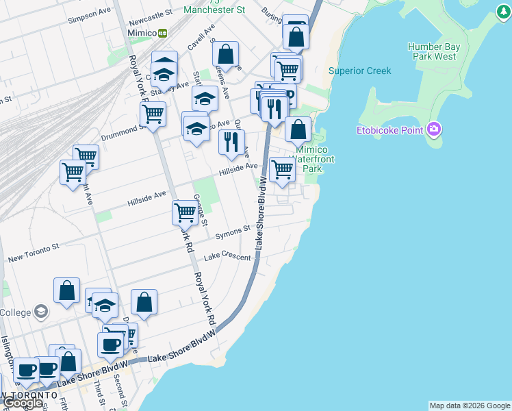 map of restaurants, bars, coffee shops, grocery stores, and more near in Toronto