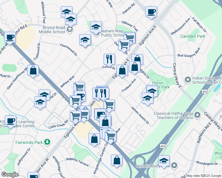 map of restaurants, bars, coffee shops, grocery stores, and more near in Mississauga