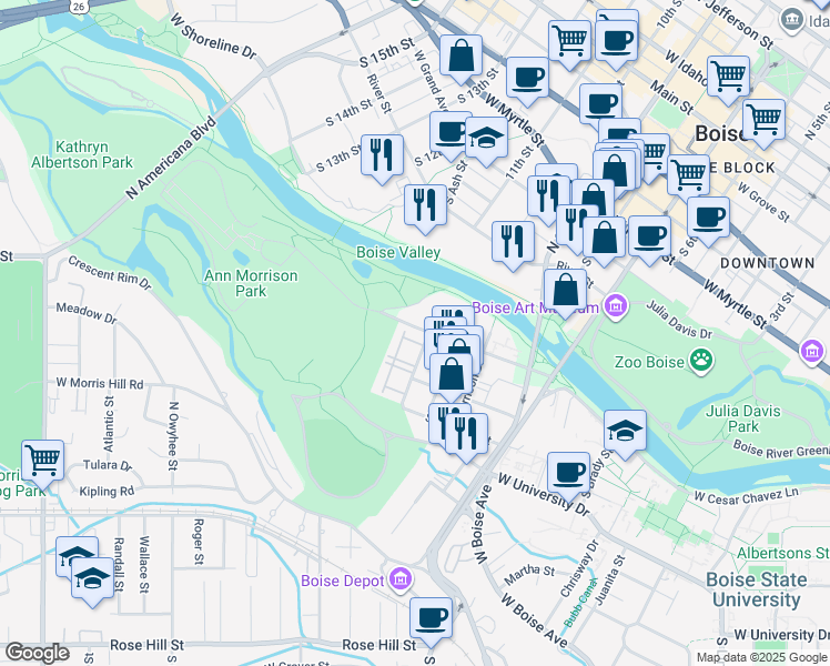 map of restaurants, bars, coffee shops, grocery stores, and more near 1017 South Dale Street in Boise