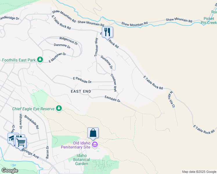 map of restaurants, bars, coffee shops, grocery stores, and more near 2498 East Roanoke Drive in Boise