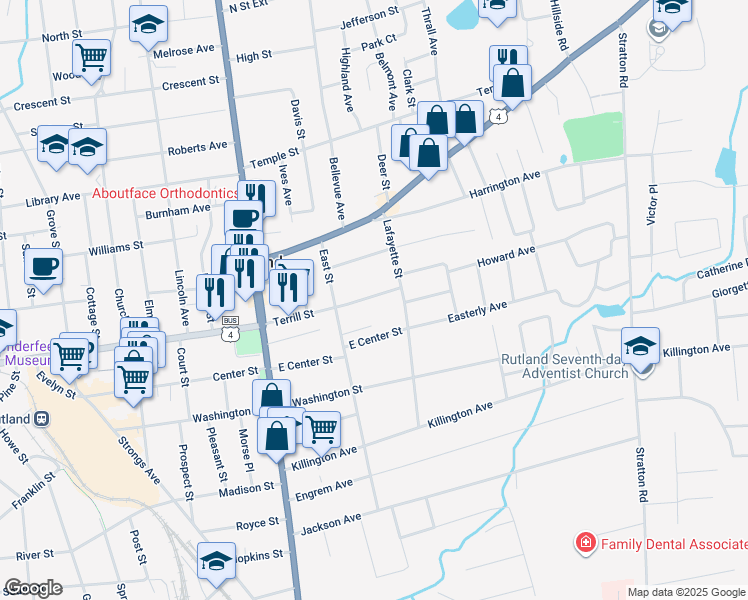 map of restaurants, bars, coffee shops, grocery stores, and more near 54 Terrill Street in Rutland