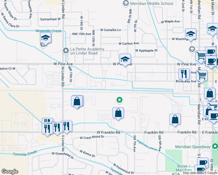 map of restaurants, bars, coffee shops, grocery stores, and more near 1001 West Broadway Avenue in Meridian