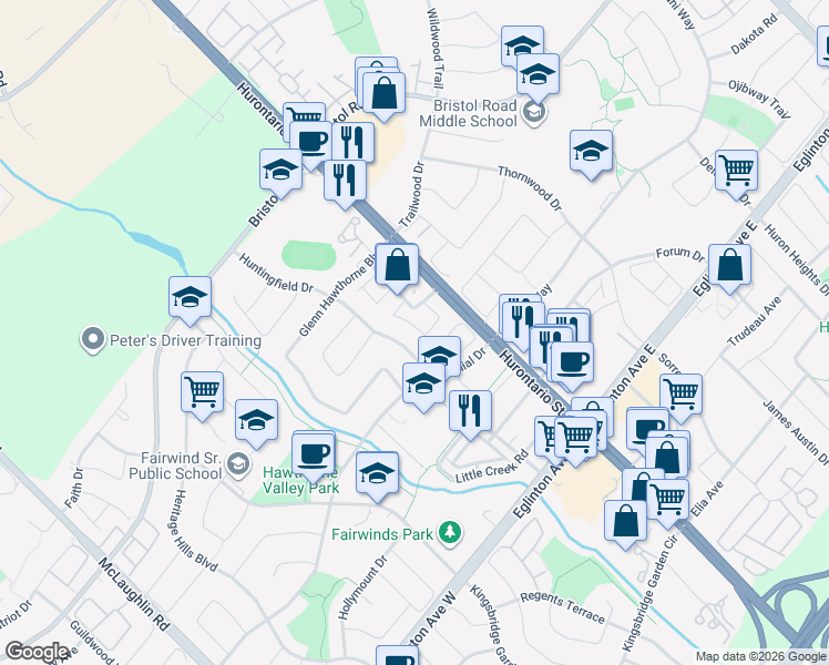 map of restaurants, bars, coffee shops, grocery stores, and more near 50 Strathaven Drive in Mississauga