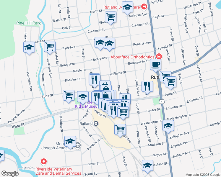 map of restaurants, bars, coffee shops, grocery stores, and more near Cottage Street in Rutland