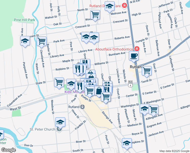 map of restaurants, bars, coffee shops, grocery stores, and more near Cottage Street in Rutland