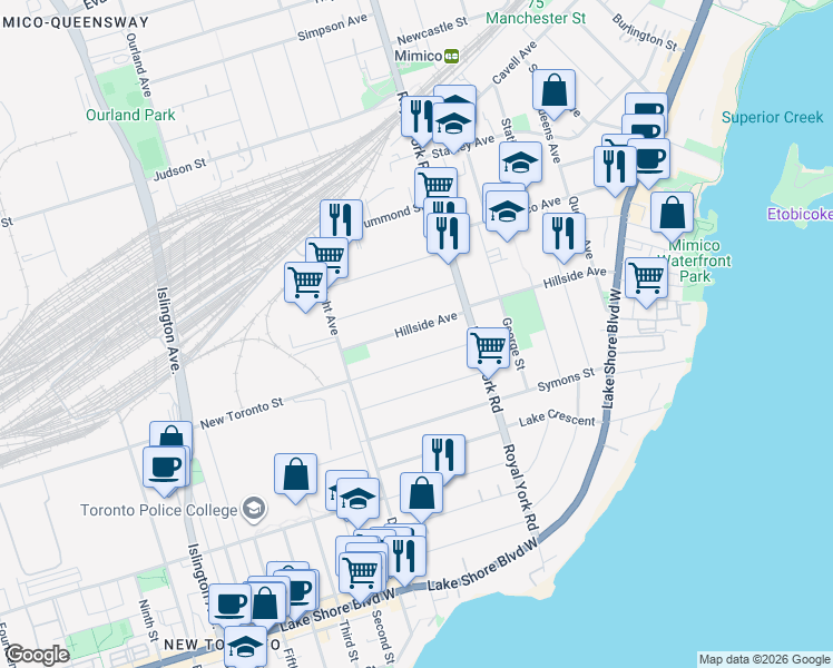 map of restaurants, bars, coffee shops, grocery stores, and more near 141 Hillside Avenue in Toronto