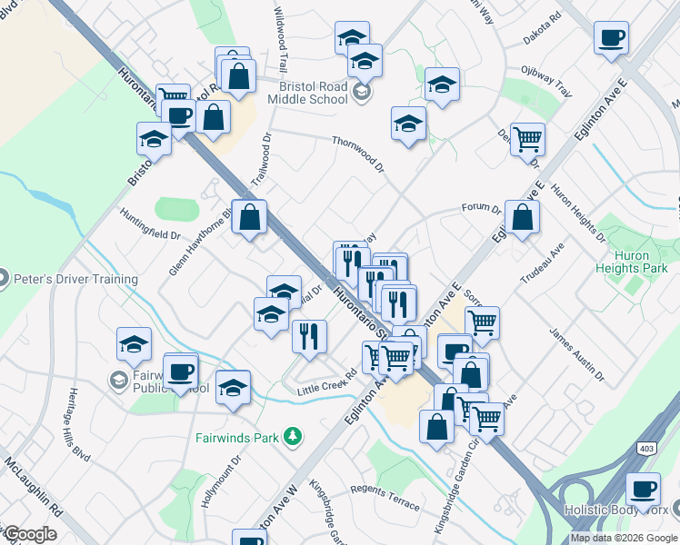 map of restaurants, bars, coffee shops, grocery stores, and more near 8 Nahani Way in Mississauga