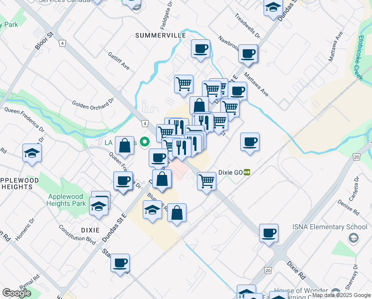map of restaurants, bars, coffee shops, grocery stores, and more near 1404 Dundas Street East in Mississauga
