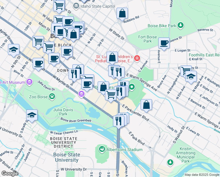 map of restaurants, bars, coffee shops, grocery stores, and more near 252 E Front St in Boise