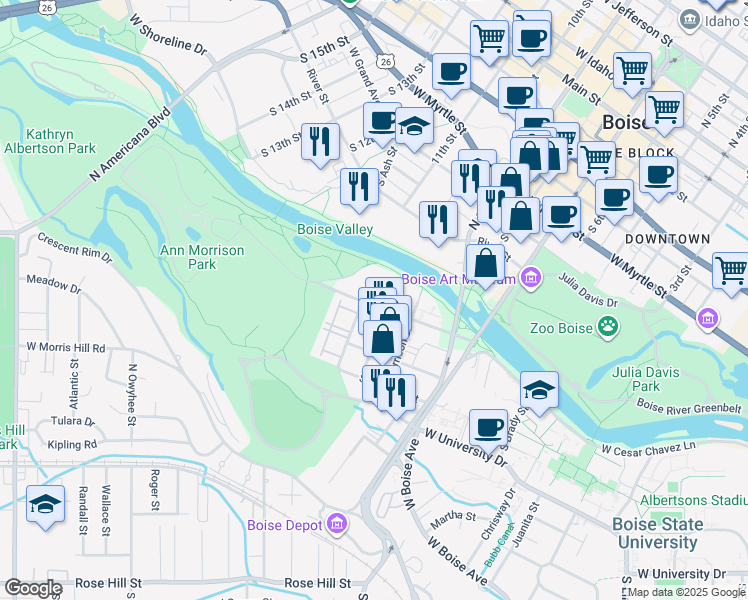 map of restaurants, bars, coffee shops, grocery stores, and more near 1004 West Royal Boulevard in Boise