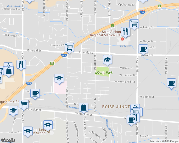 map of restaurants, bars, coffee shops, grocery stores, and more near 544 Weaver Avenue in Boise