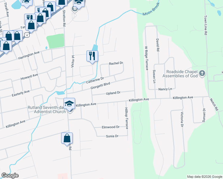 map of restaurants, bars, coffee shops, grocery stores, and more near 7 Upland Drive in Rutland