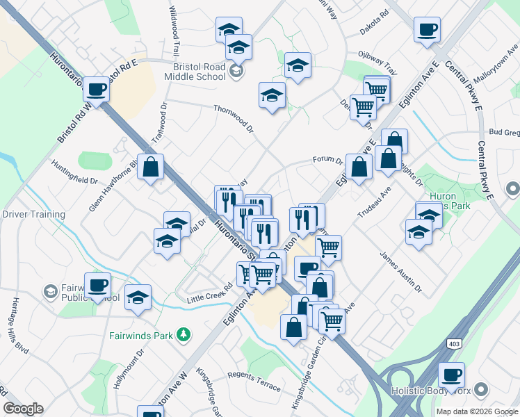 map of restaurants, bars, coffee shops, grocery stores, and more near 65 Armdale Road in Mississauga