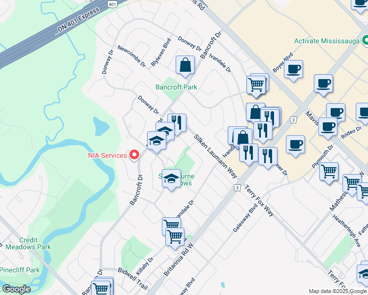 map of restaurants, bars, coffee shops, grocery stores, and more near 6150 Duford Drive in Mississauga