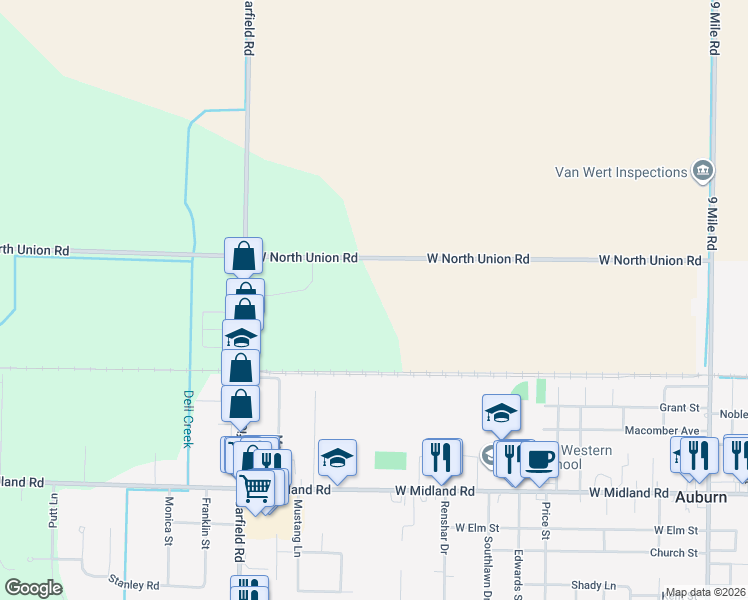 map of restaurants, bars, coffee shops, grocery stores, and more near 883 West North Union Road in Auburn