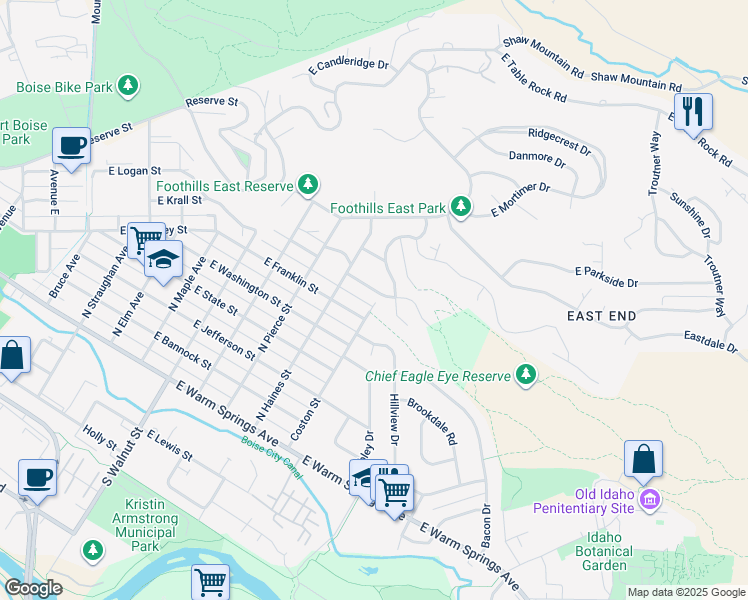 map of restaurants, bars, coffee shops, grocery stores, and more near 1435 East Hays Street in Boise
