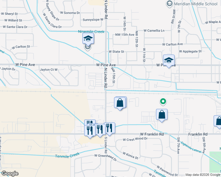 map of restaurants, bars, coffee shops, grocery stores, and more near 1555 West Biddick Street in Meridian
