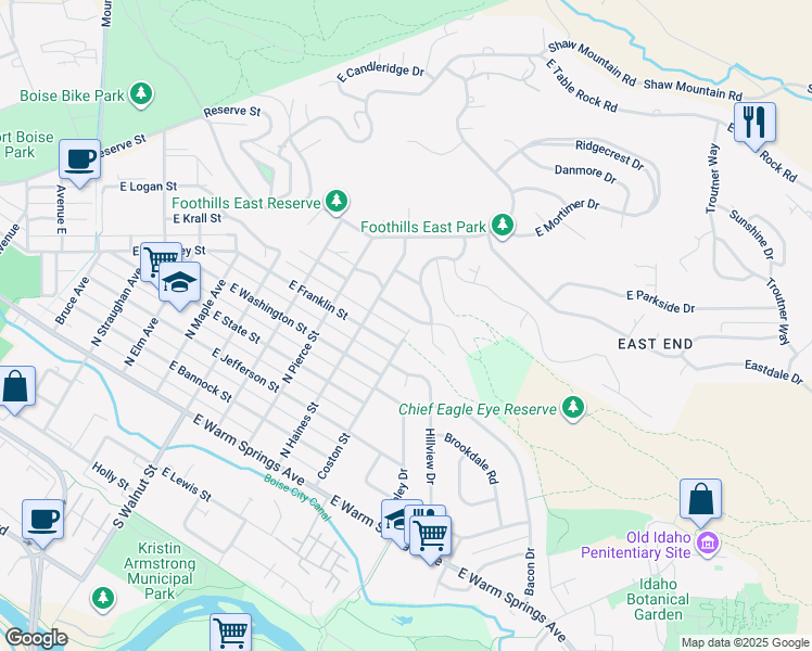 map of restaurants, bars, coffee shops, grocery stores, and more near 1435 East Hays Street in Boise