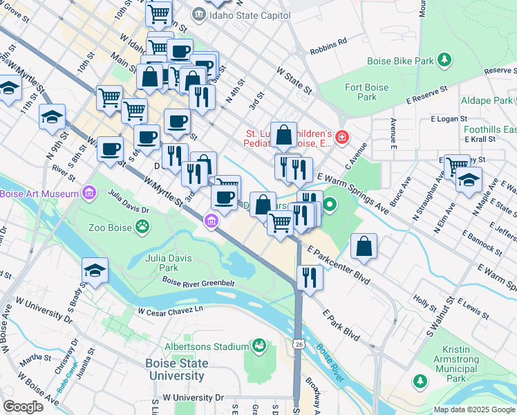 map of restaurants, bars, coffee shops, grocery stores, and more near in Boise